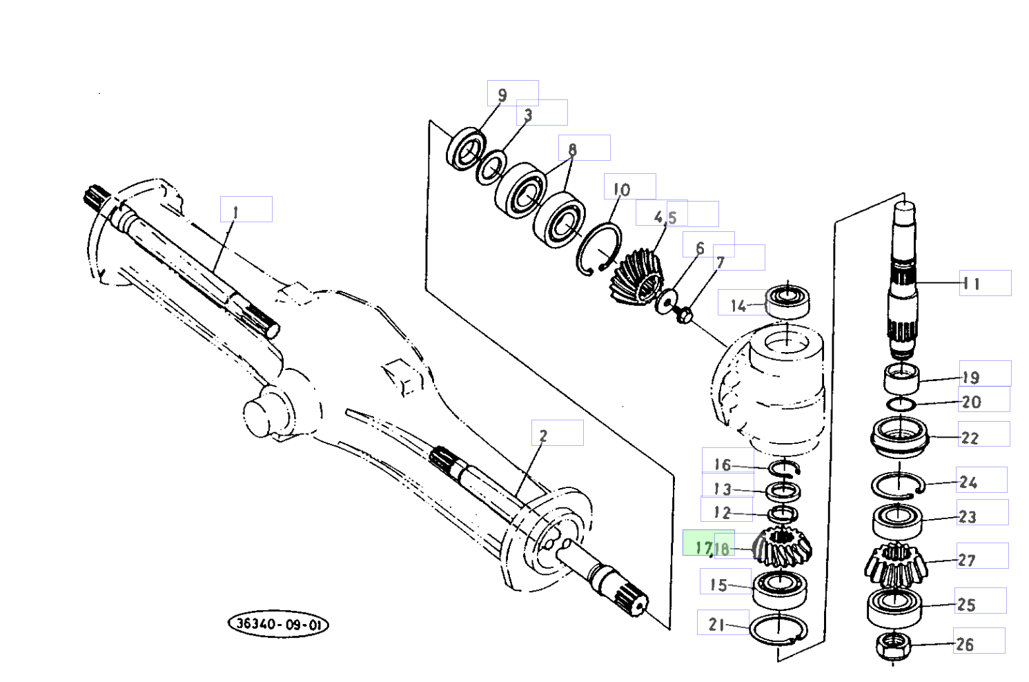 Pinion conic 18 dinți dreapta Kubota 36340-43440